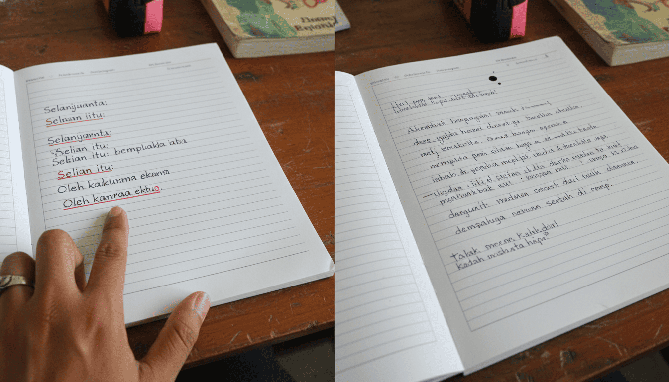 Perbandingan dua esai: satu tampak sempurna dan steril (tulisan AI) dan satu lagi dengan gaya tulisan manusia asli, menunjukkan tanda-tanda deteksi.