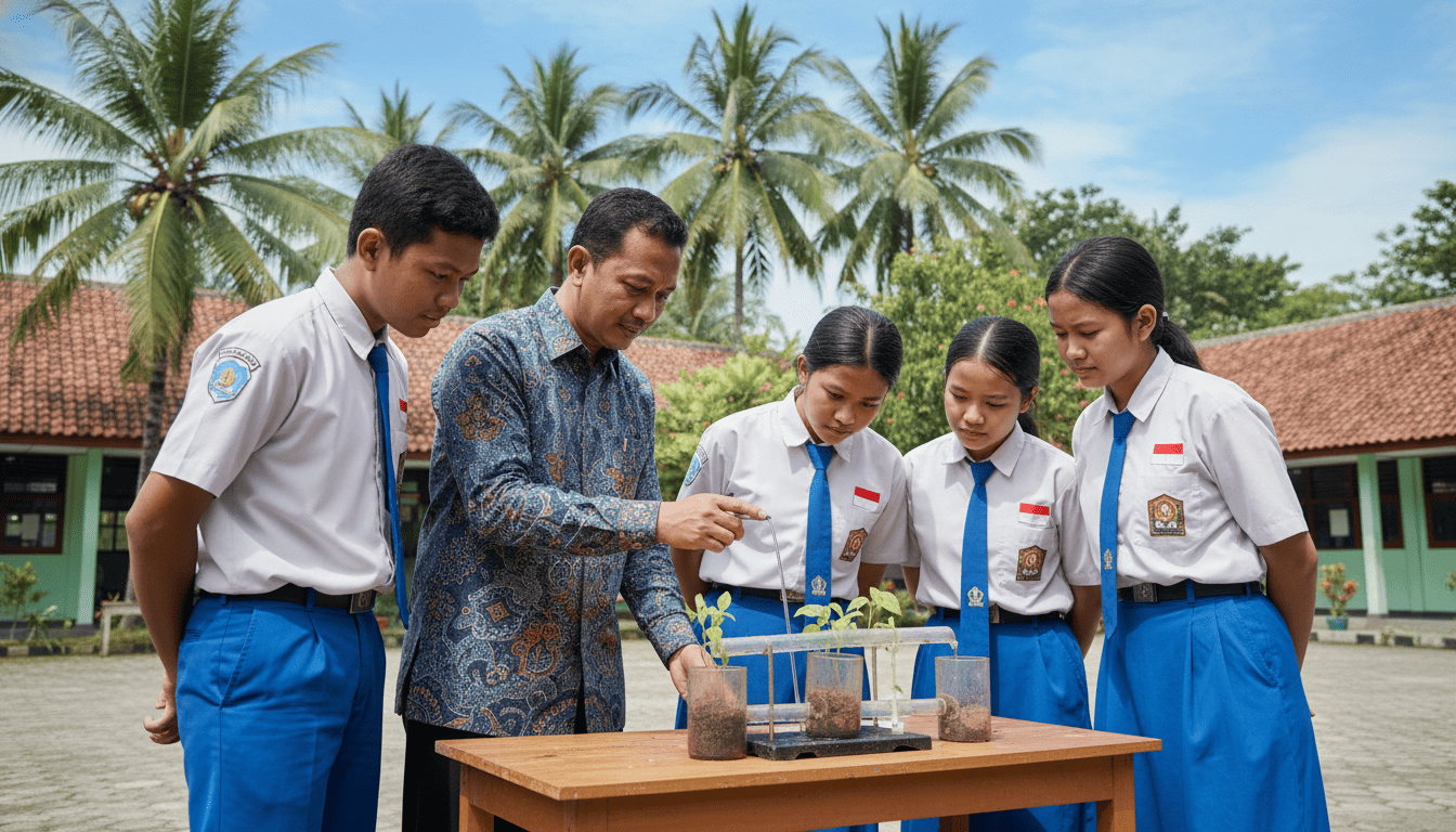Seorang guru dan murid-murid SMA Indonesia melakukan eksperimen sains di luar kelas, fokus pada pembelajaran praktis dan mendalam.