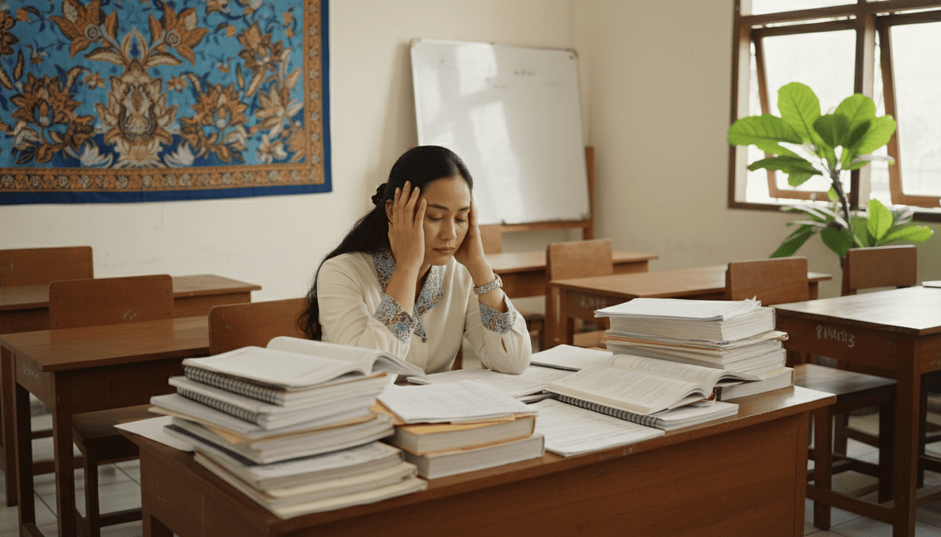 Guru perempuan Indonesia yang kelelahan dikelilingi tumpukan tugas dan berkas administrasi di meja, mencerminkan beban kerja guru yang menguras waktu di sekolah.