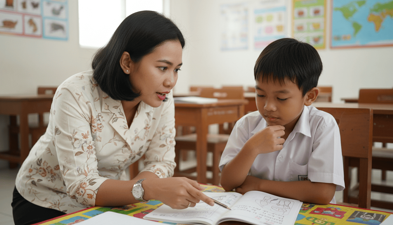 Seorang guru perempuan Indonesia dengan sabar membimbing dan memberi dukungan kepada muridnya yang sedang belajar, menunjukkan teknik scaffolding.