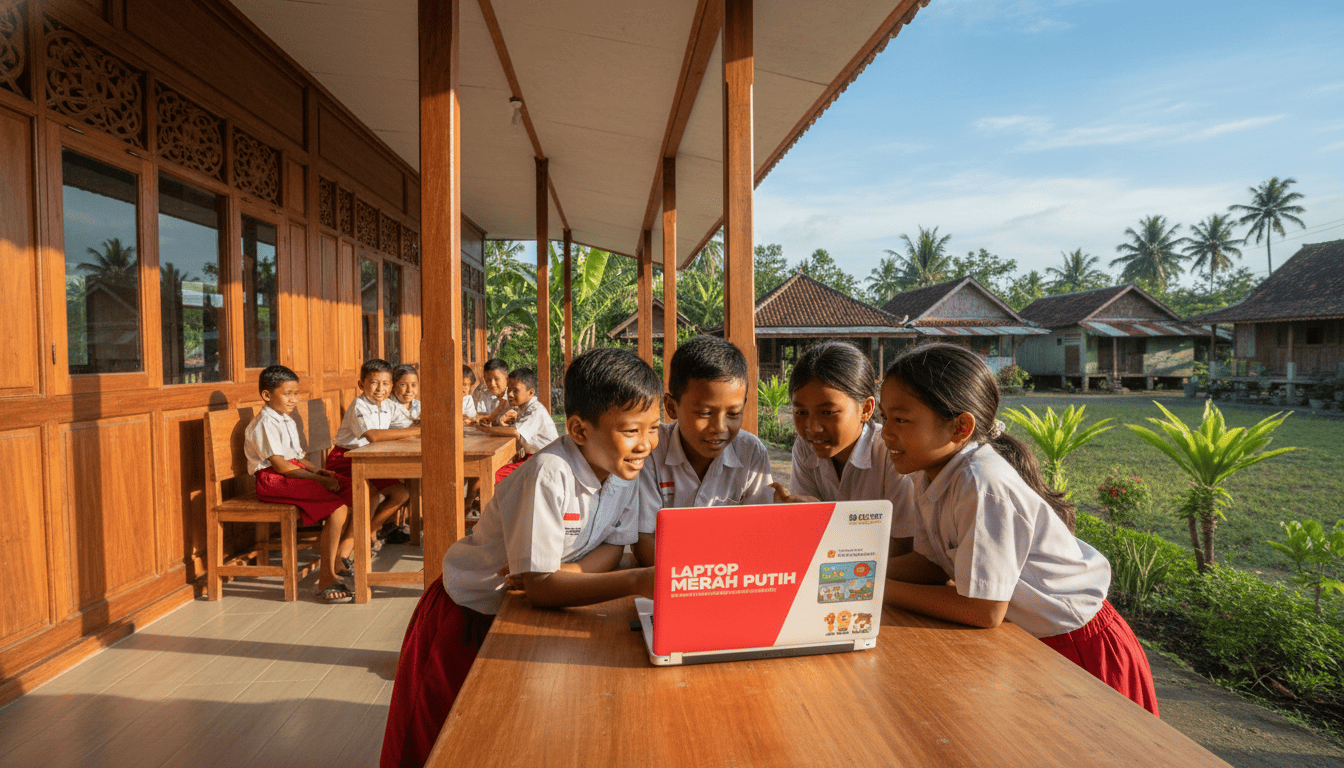 Anak-anak sekolah di pedesaan Indonesia antusias belajar dengan Laptop Merah Putih, mengatasi kesenjangan digital.
