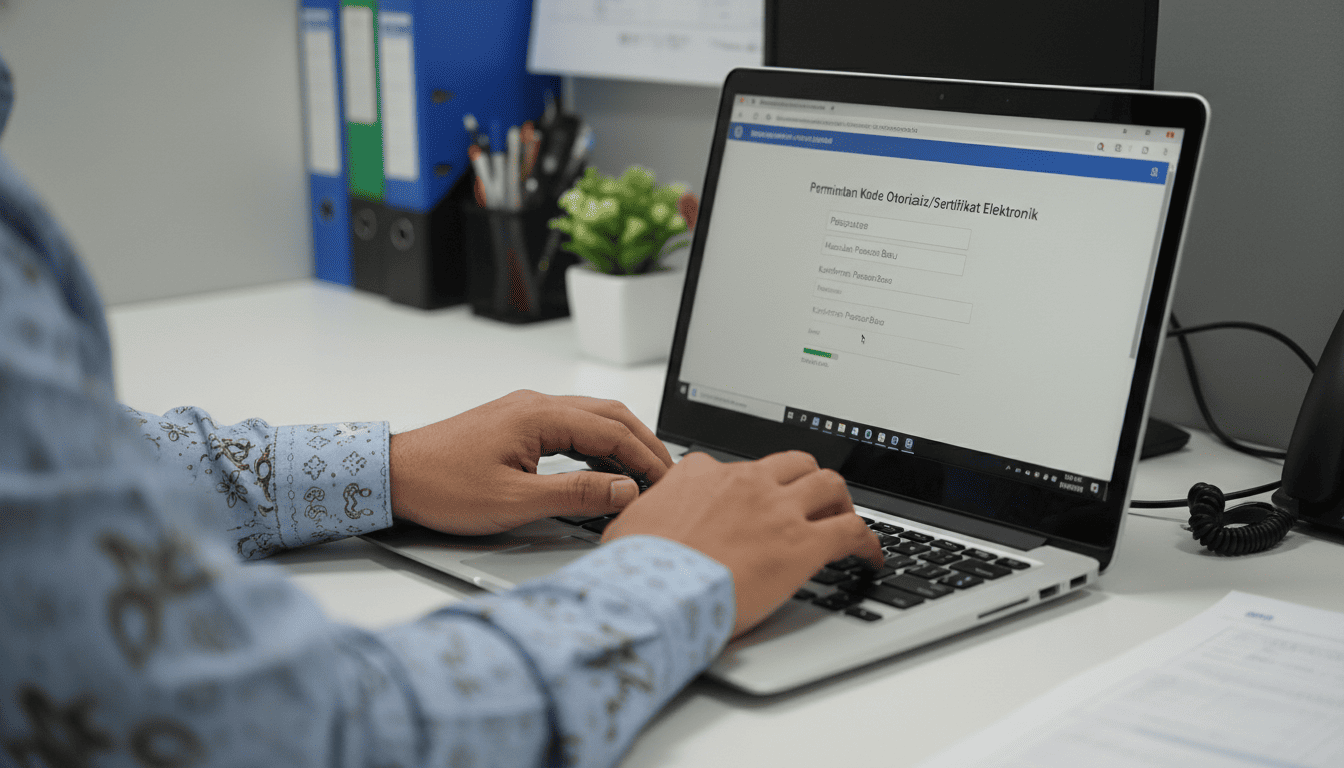 Tangan seorang ASN Indonesia sedang membuat Kode Otorisasi DJP (KO DJP) atau *passphrase* di portal Coretax, langkah penting untuk keamanan akun.