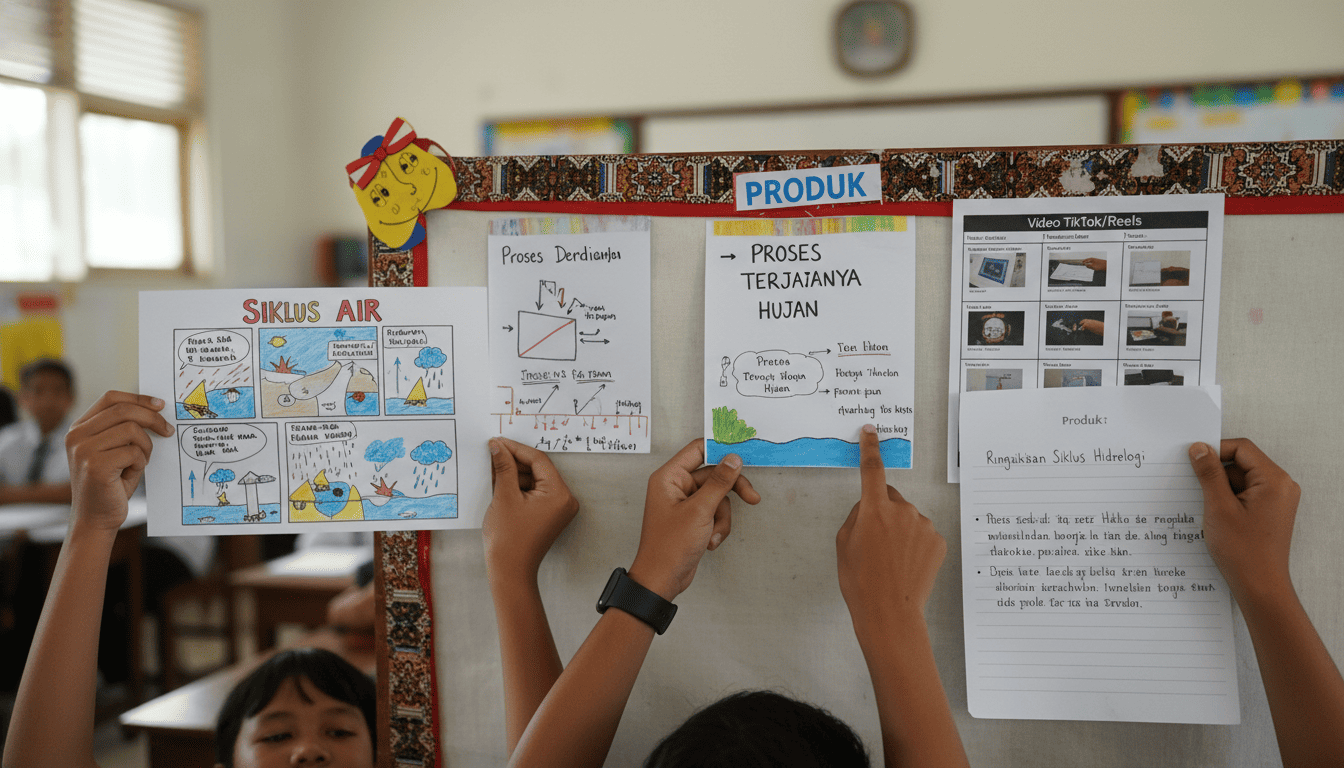 Berbagai produk hasil karya siswa Indonesia: komik, poster, storyboard video, dan rangkuman tulisan, menunjukkan diferensiasi produk dengan 'Papan Pilihan' (Choice Board).