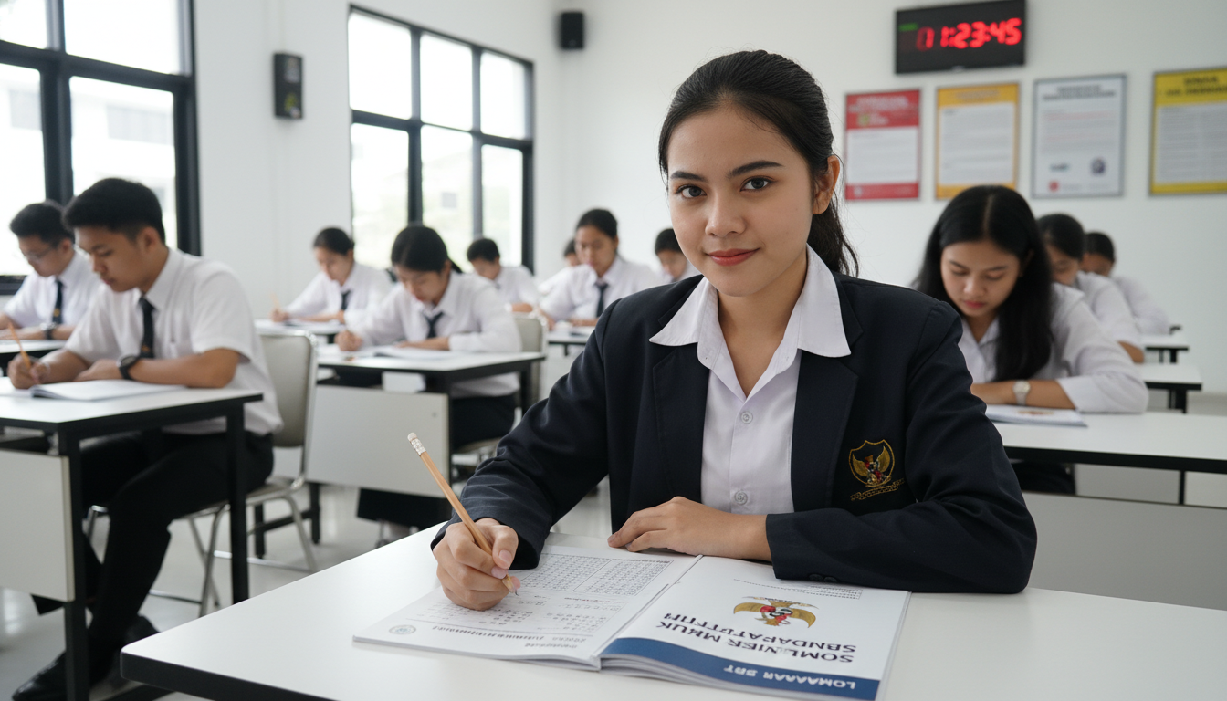 Seorang siswa Indonesia sedang fokus mengerjakan ujian seleksi masuk perguruan tinggi (SNBT), simbol perjuangan akademik yang jujur dan adil.